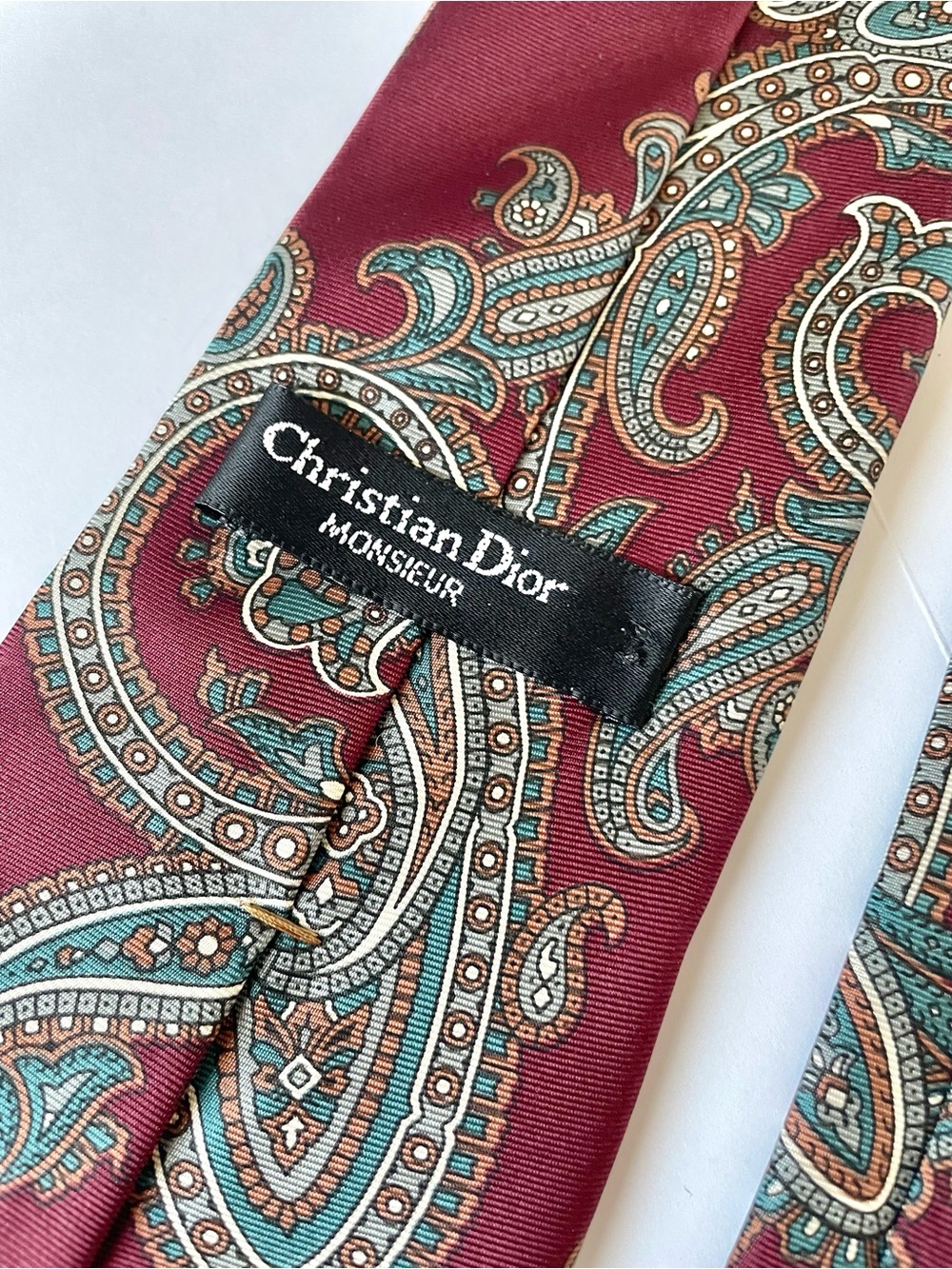 Dior Monsuir Paisley Silk Tie in Burgundy with Teal and Cream Accents